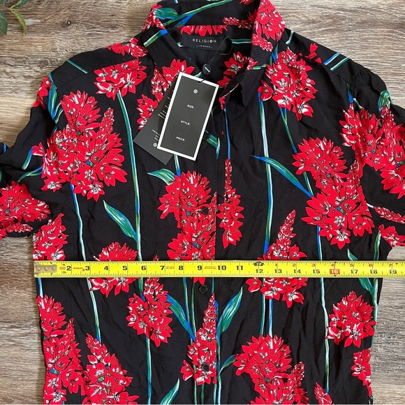 NWT ASOS Religion Revere Black Collar Button Down Shirt w/ Red Floral Print - Picture 14 of 16